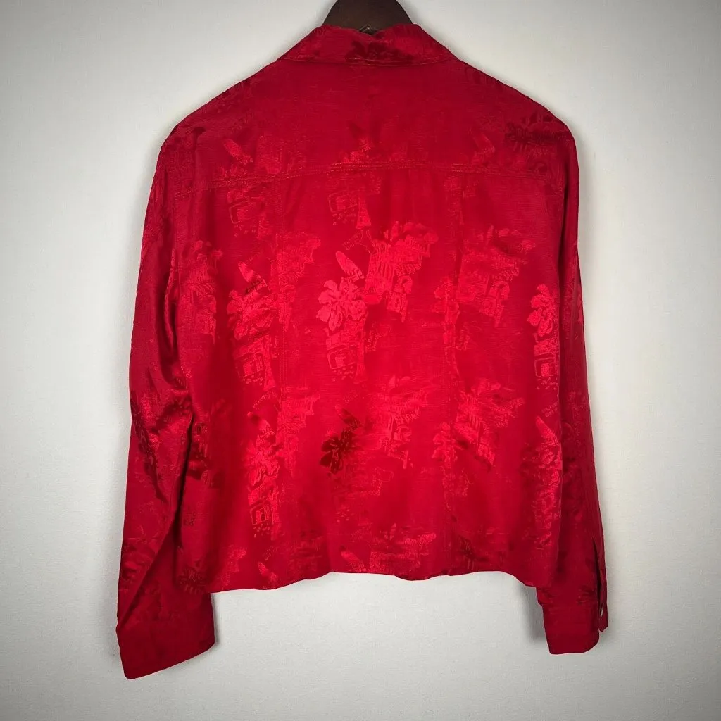 Chicos 1 Silk Blend Jacket Womens Medium Red Satin Pattern‎ Full Zip Lightweight - Image 7