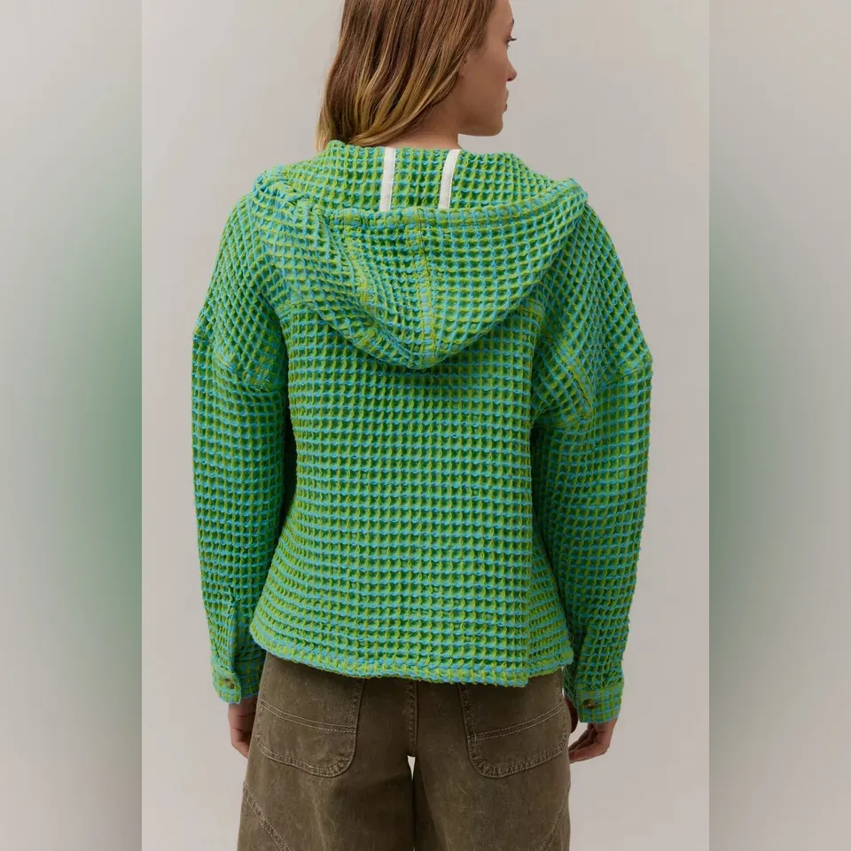 NWT BDG Urban Outfitters Baja Stanley Waffle Hooded Top In Green Multi - Image 4