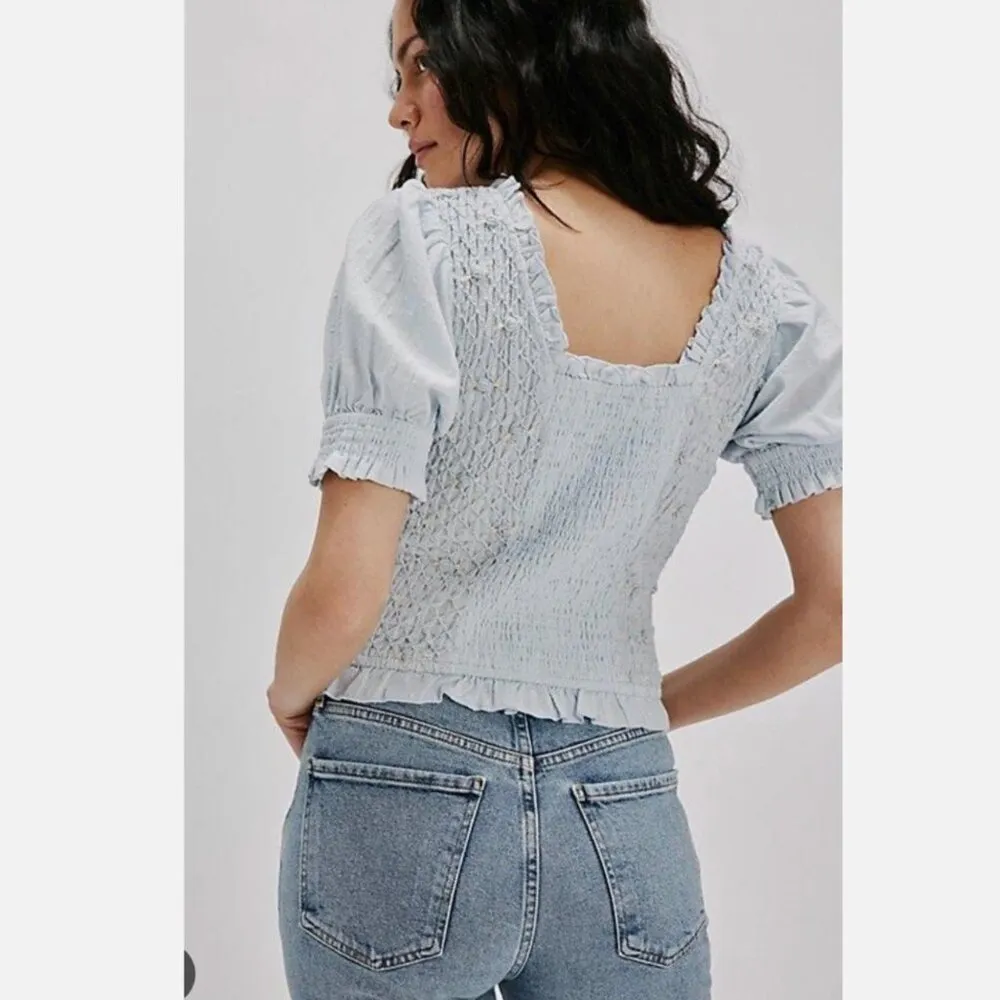 NEW Free People Cecelia Puff Sleeve Smocked embroidered Rosette Cute Top L - Image 2