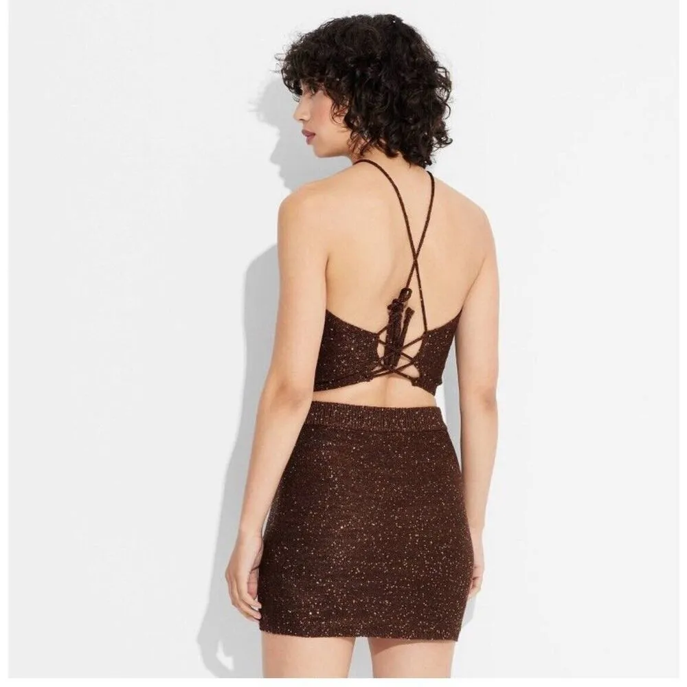 Wild Fable Sequin Set Sweater Mini Skirt & Halter - Brown Women's XXL NWT - Image 2