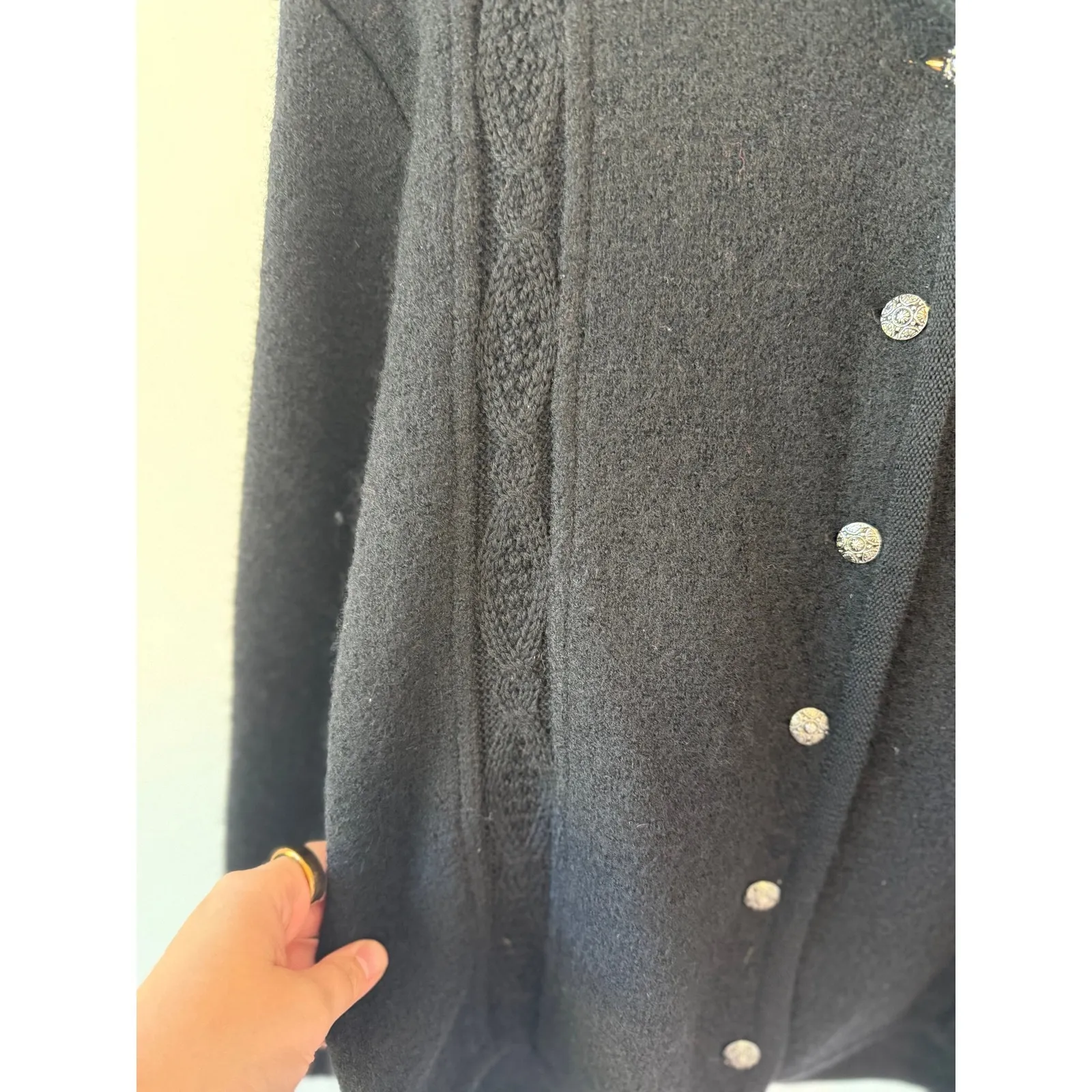 VTG Woodstock by Bernard Wool Cardigan Cable Knit Trim Button Front Black Sz 38 - Image 4