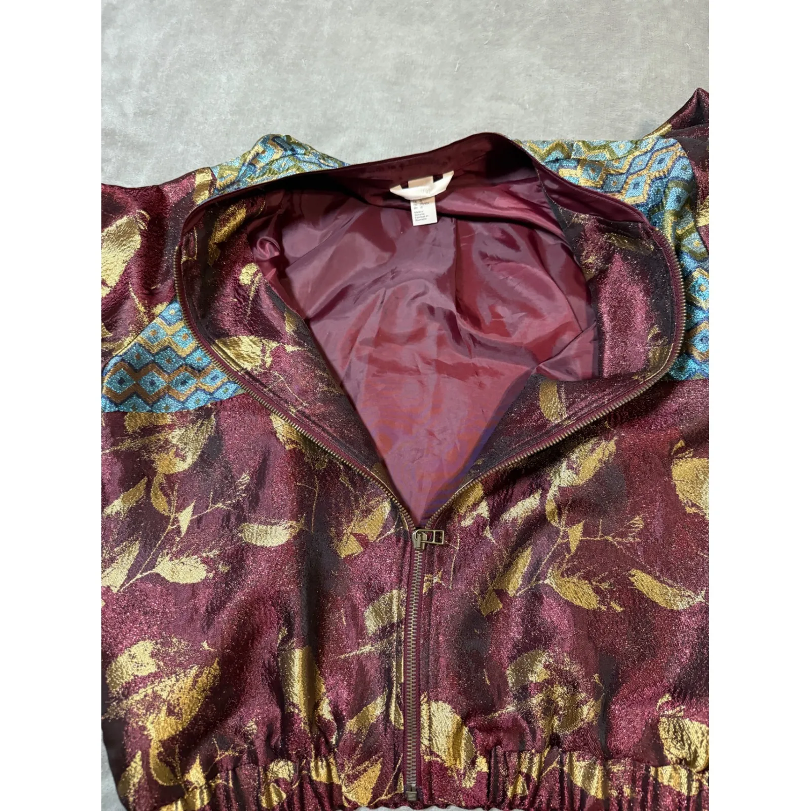H&M Women Metallic Embroidered Bomber Jacket Zip Size 10 Maroon Gold Blue - Image 9