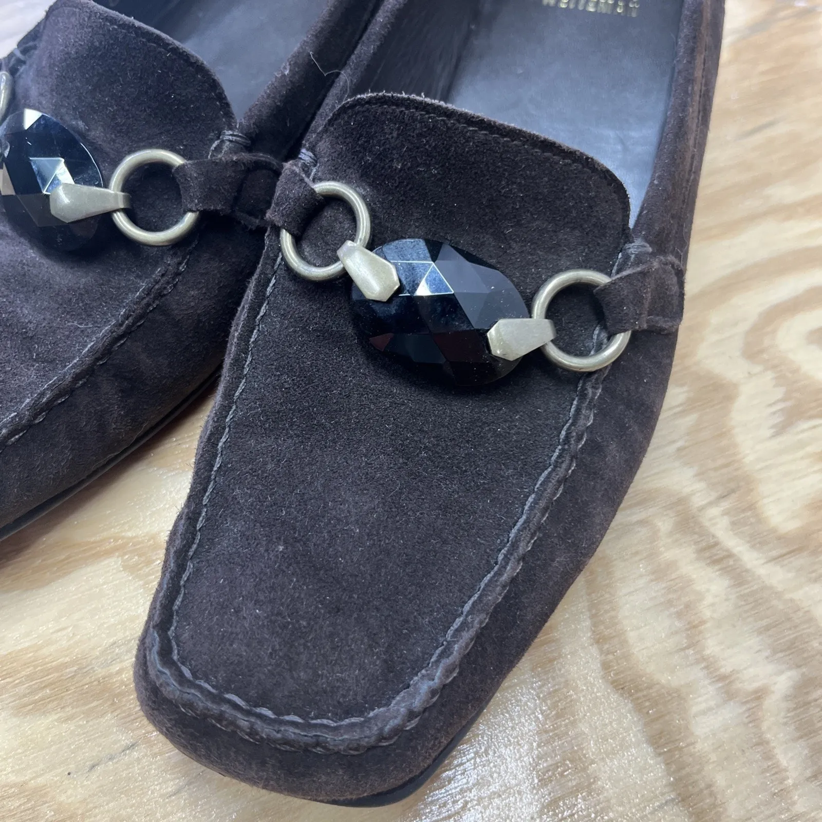 Stuart Weitzman Jeweled Suede Loafer Womens 8.5M Brown Block Heel Career Preppy - Image 6