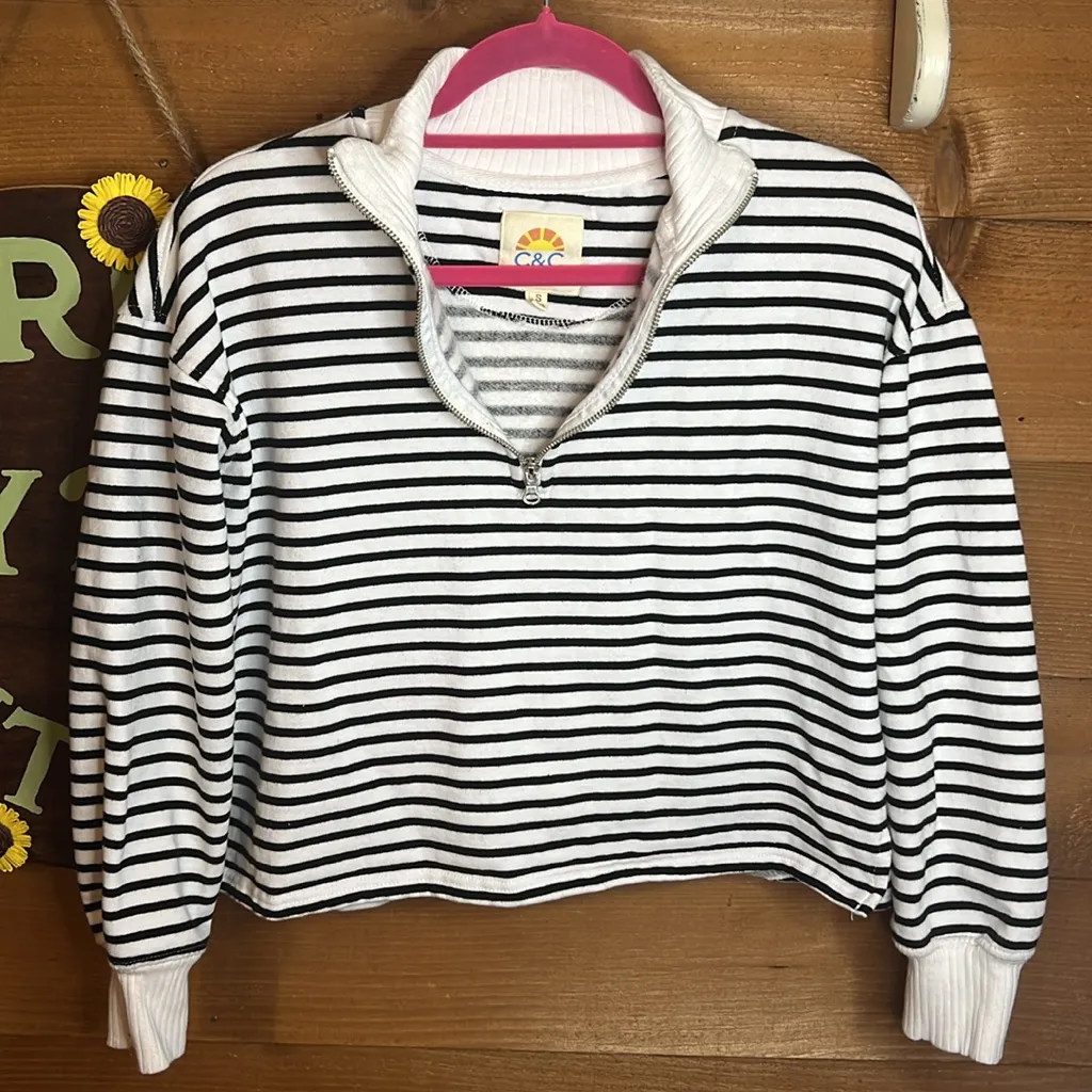 C&C California Stripe Crop 1/2 Zip Nautical Fisherman Knit Sweatshirt Pullover - Image 4