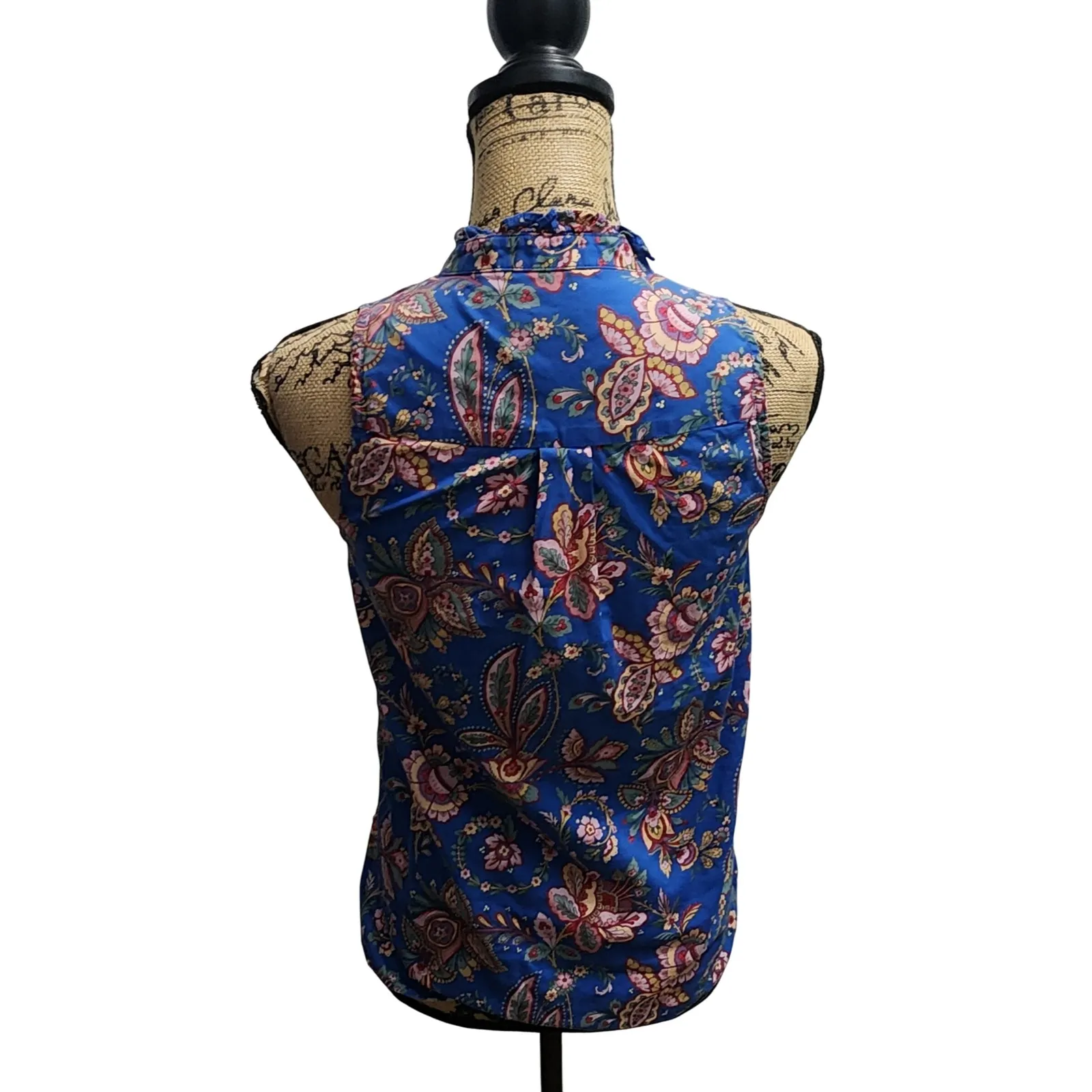 J.Crew Liberty Fabric Floral Paisley Ruffle Neck Sleeveless Top‎ Blue Sz 6 - Image 3