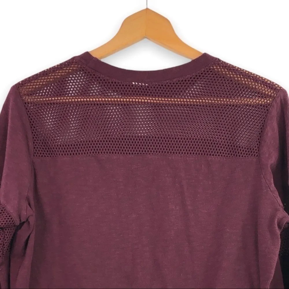 Maroon Mesh Panel, Cinch Waist Long Sleeve Athleisure Top - Image 6