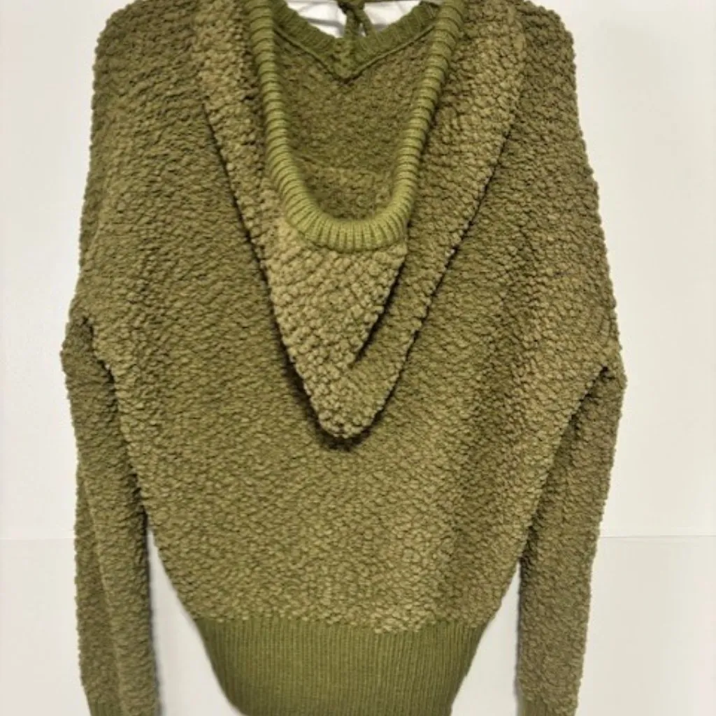 Pol M Moss Green Hoodie Sweater Ribbed Hi Lo Long Sleeve Boho Popcorn Knit Warm - Image 2