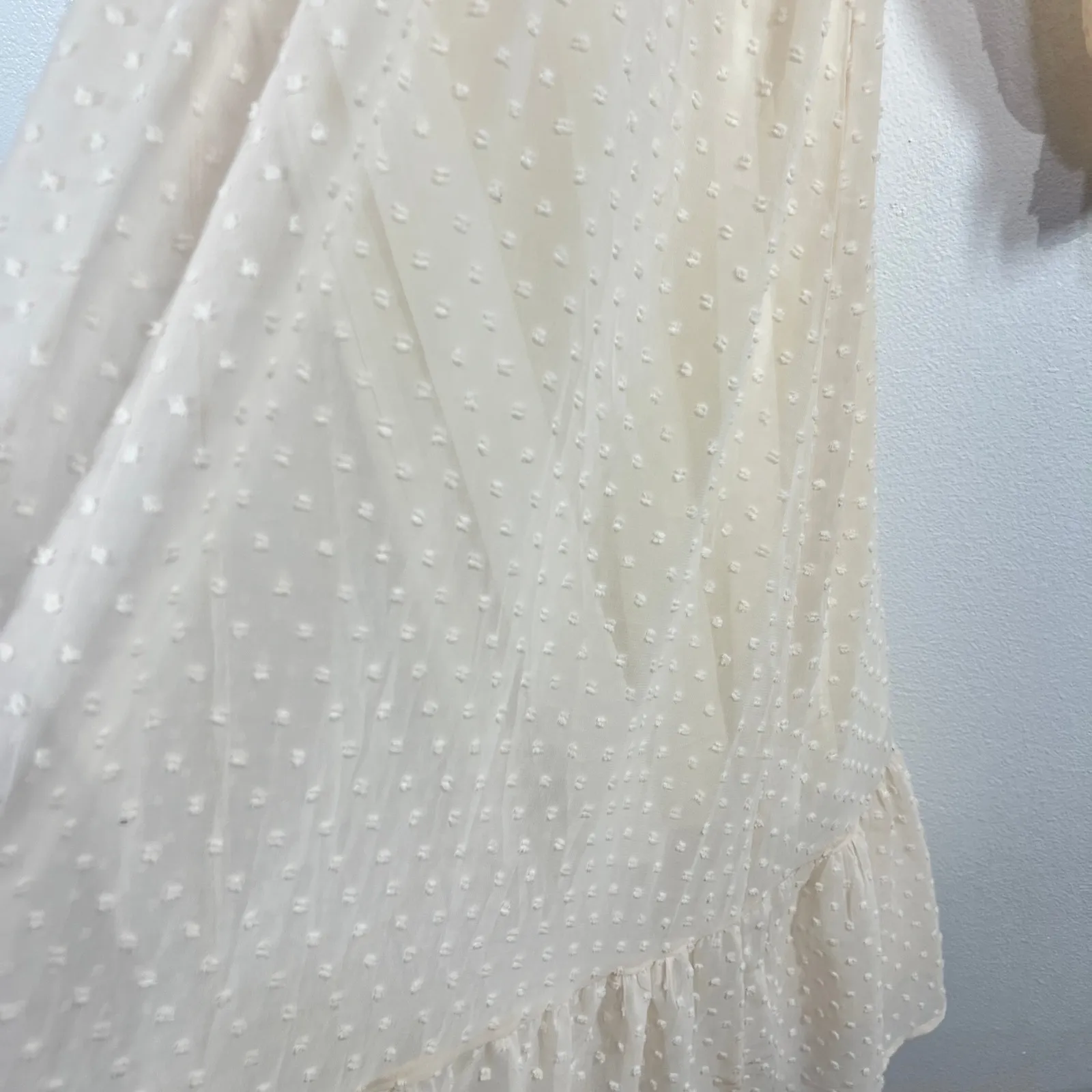 BTFIM Swiss Dot Dress Long Sleeve Ruffle Hem Midi Dress Beige‎ Size Small Boho Tan - Image 7