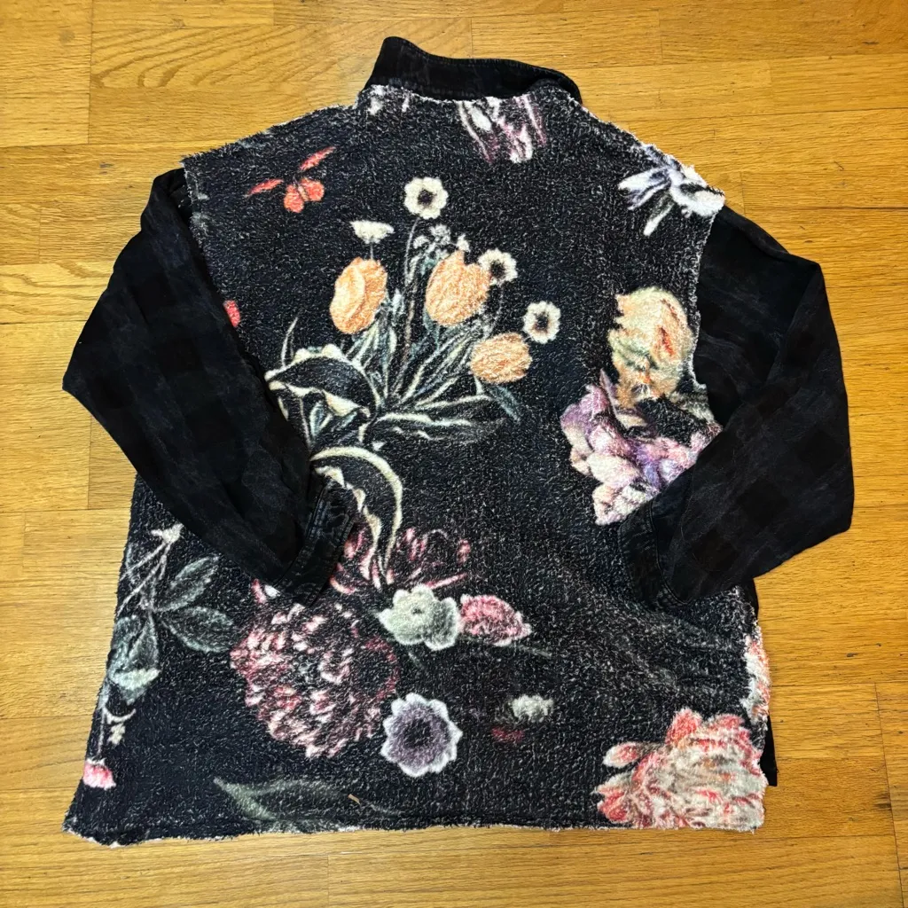 The Nu Vintage Plaid Floral Pockets Lagenlook Fisherman Slouchy Teddy Shacket M Black Size M - Image 3