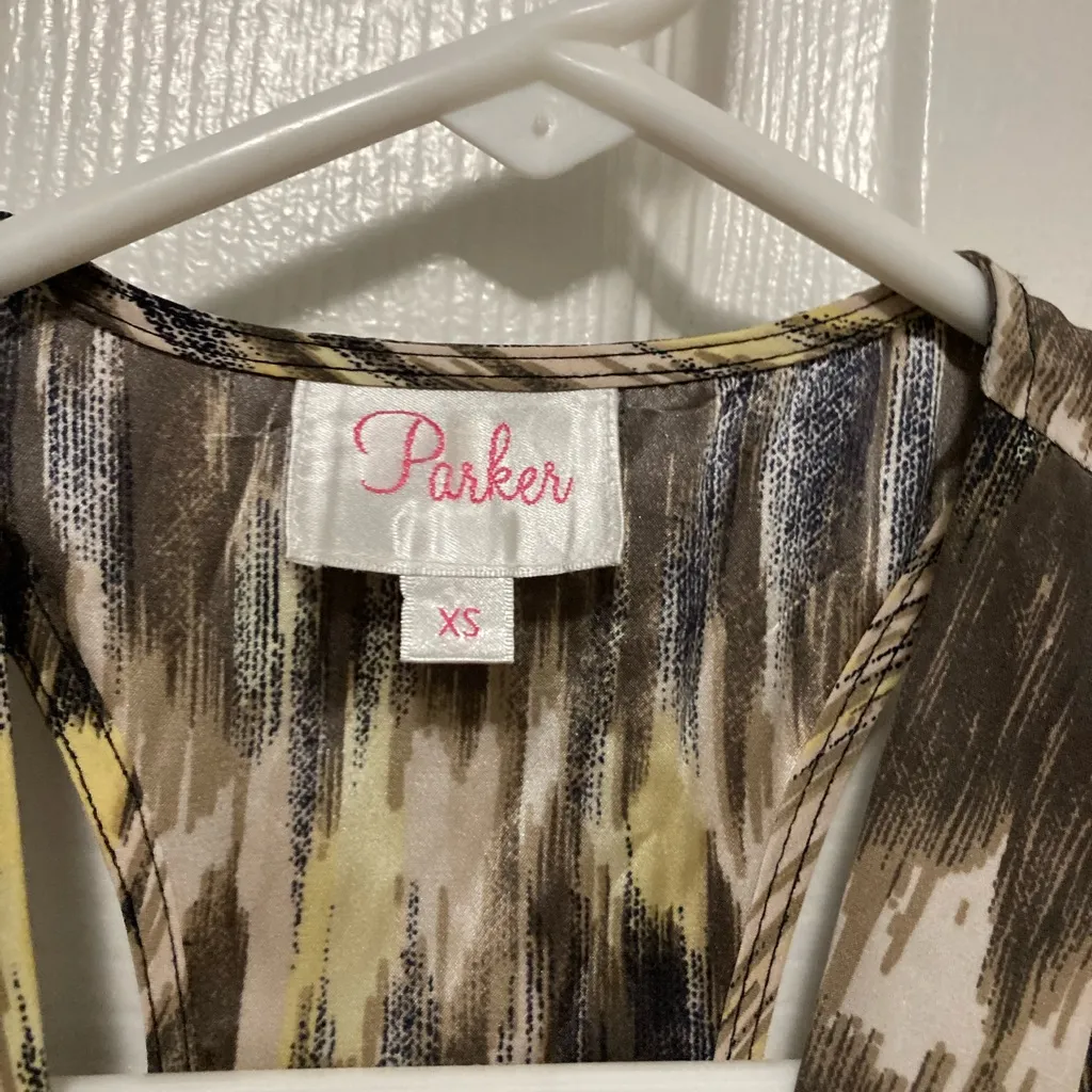 Parker Maya Brown Yellow Ikat Print 100% Silk  Racerback Mini Dress - Image 3