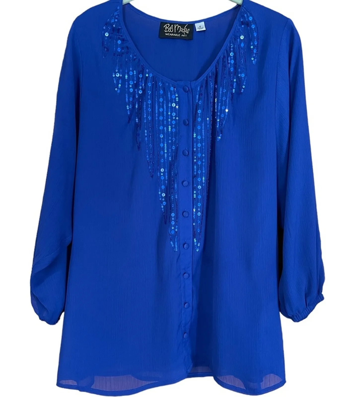 Bob Mackie Size Medium Blue Scoopneck Sequin Feather Button Front Crinkle Blouse - Image 1