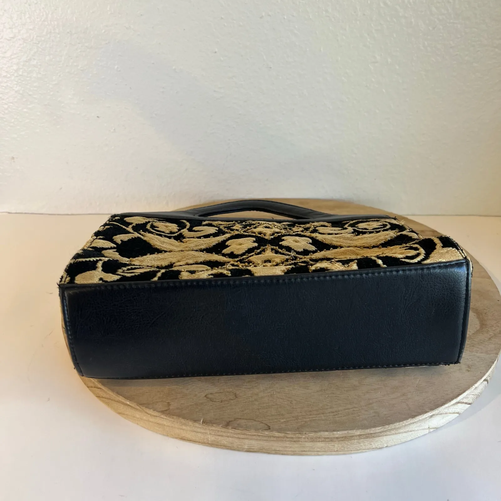 Vintage 90s Black Leather Victorian Tapestry Beaded Top Handle Small Bag - Image 4