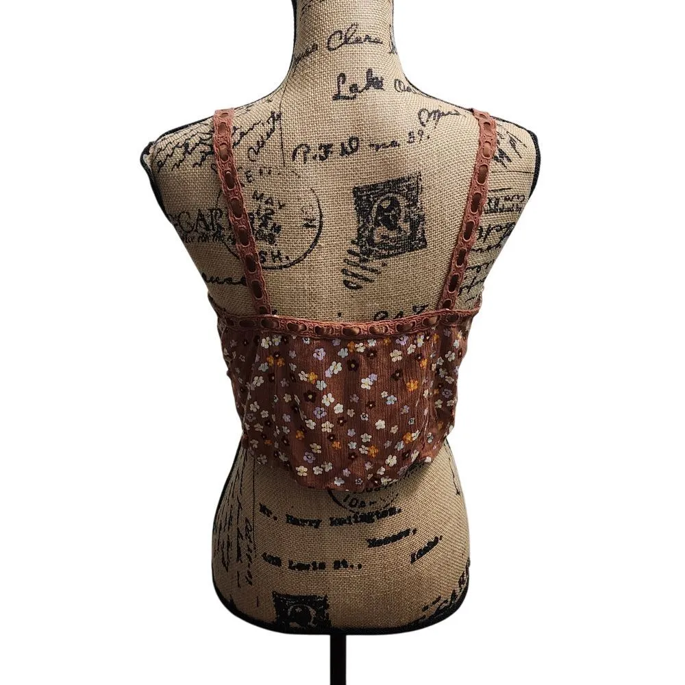 LA Hearts Brown Floral Crop‎ Top Lace Up Corset Style Tank Cami Size S - Image 2