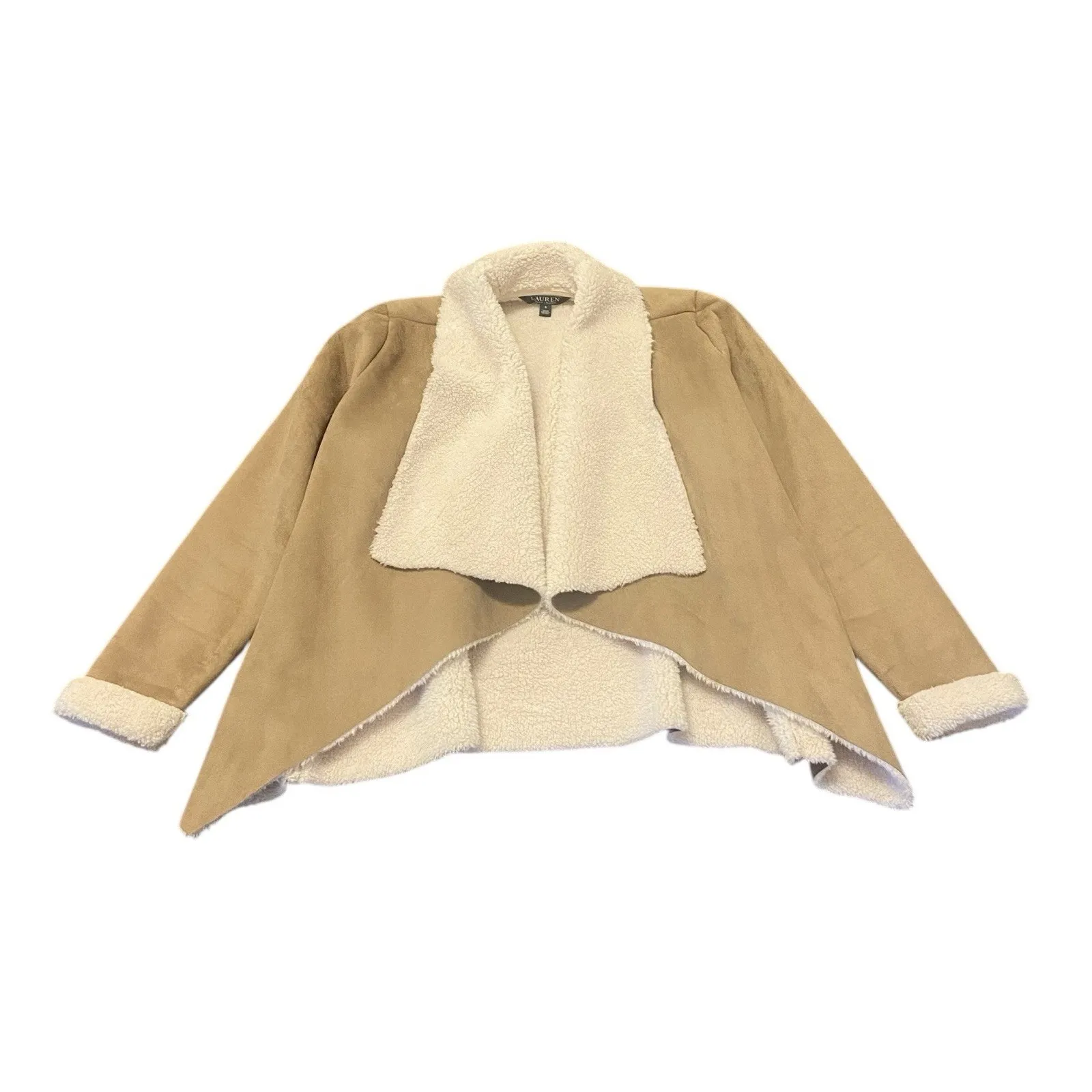 Ralph Lauren Faux Suede Sherpa Fleece Draped Front Luxury Jacket Tan Beige Small - Image 2