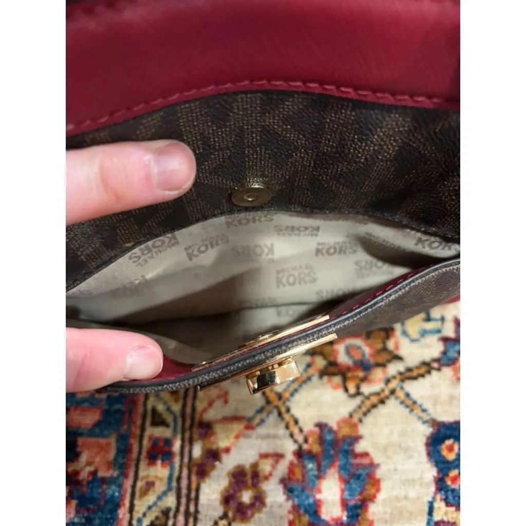 Michael Kors Hamilton Small Satchel Crossbody Logo Canvas Burgundy Leather flaw - Image 6