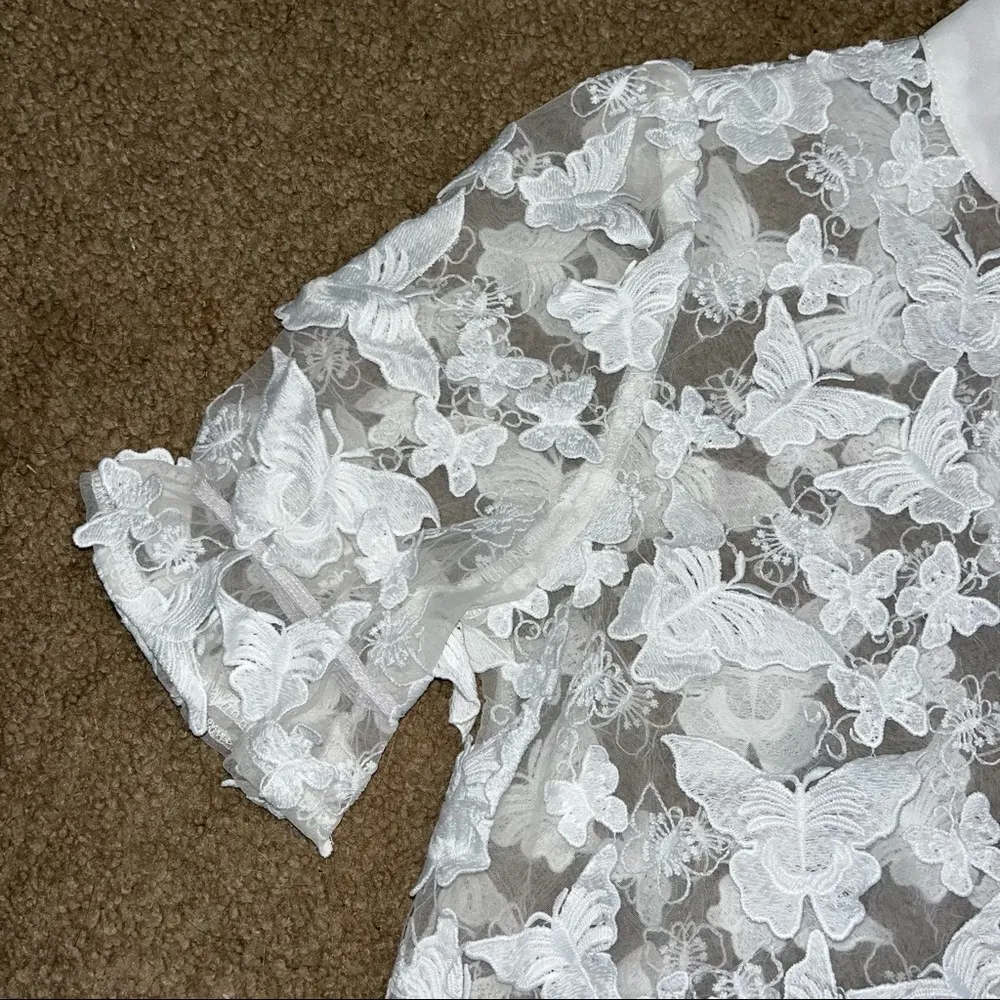 INA white sheer shirt with butterflies, puff sleeves with elastic, smooth collar - Image 2