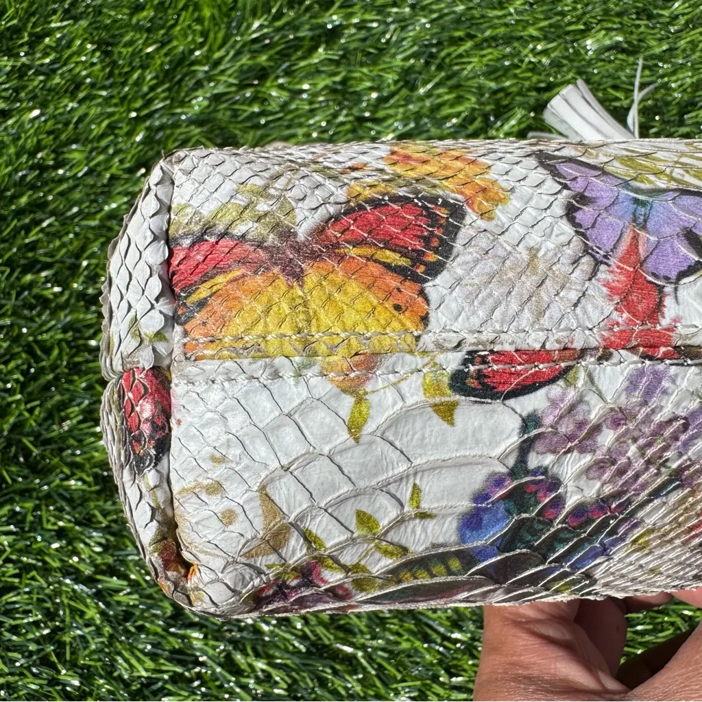 Cavalcanti Leather Purse Handpainted Butterfly Print Snakeskin Italy Bag Brown - Image 7