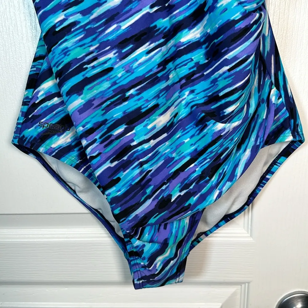 Speedo Teal Black Purple V-Neck Swimsuit Size 12 EUC/Like New #1326-AZ - Image 4
