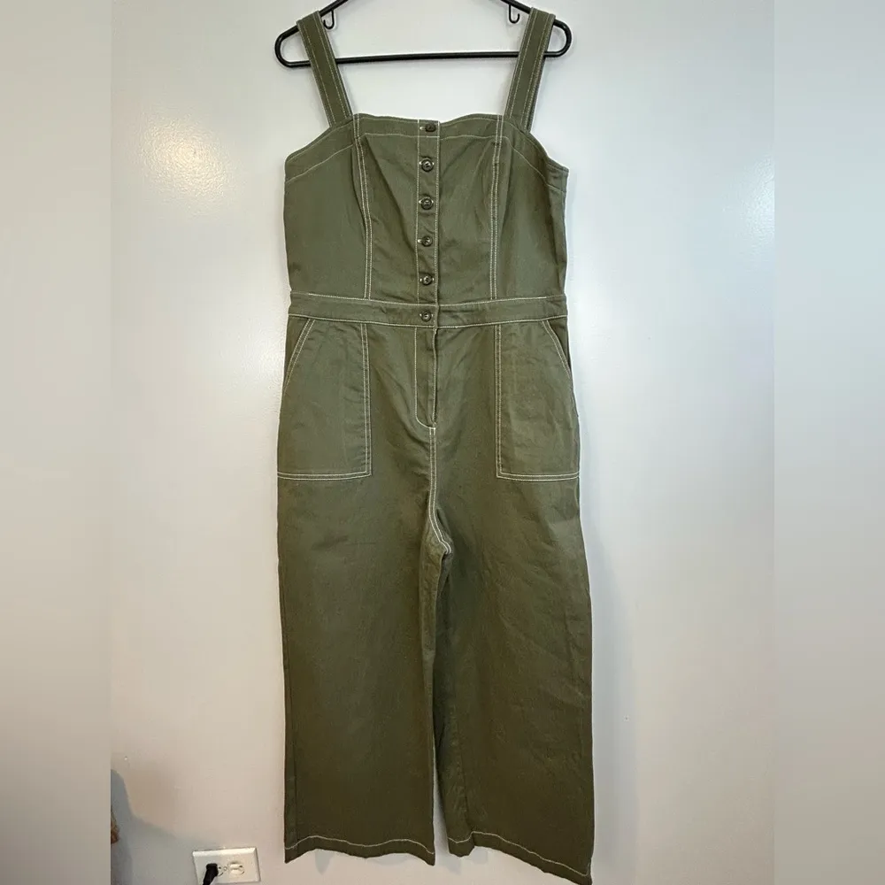 Chelsea28 Army Green Stitch Detail Canvas Sleeveless Button Up Jumpsuit Large - Image 3