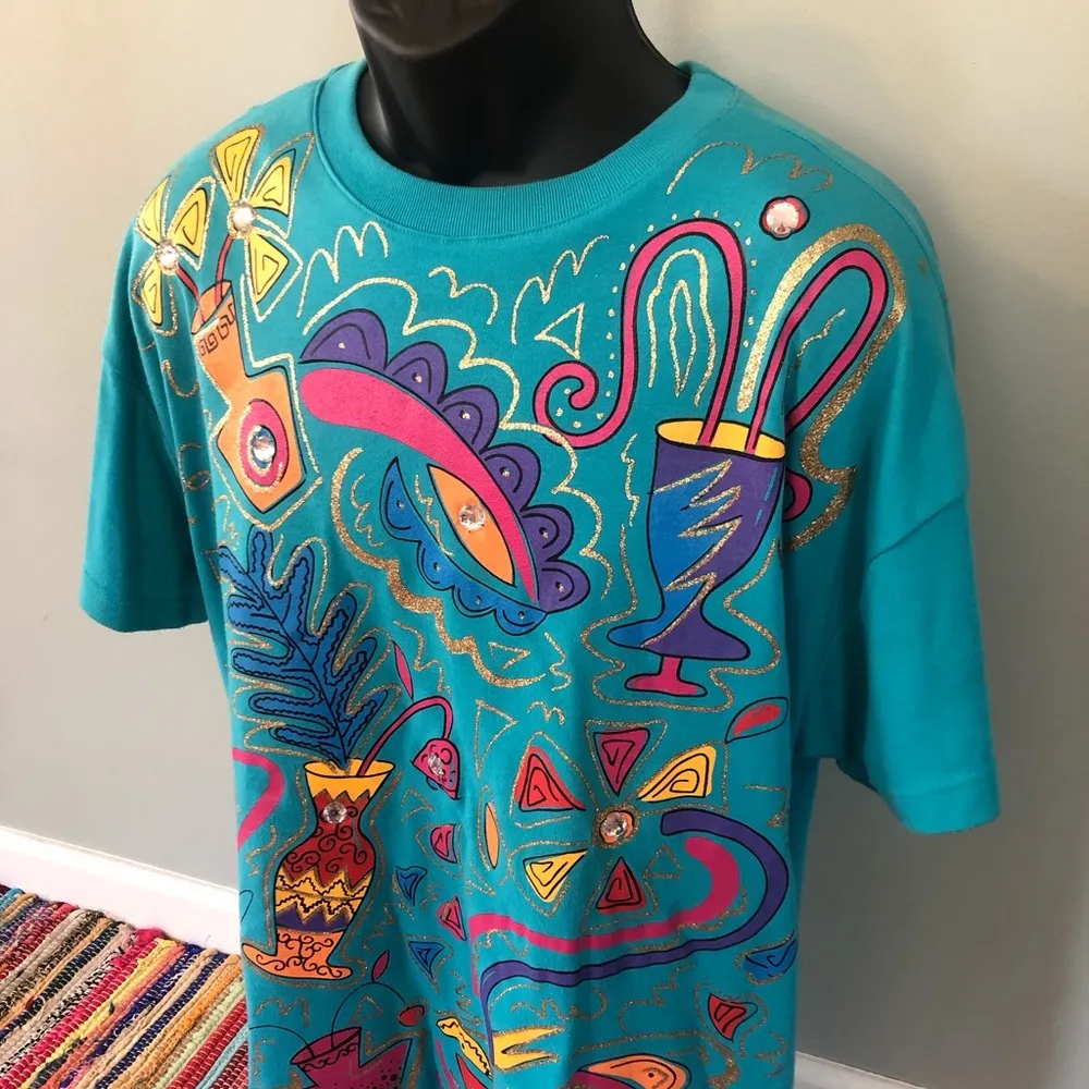 90s Neon Shapes Shirt Design Pattern Crystal XL Blue - Image 2