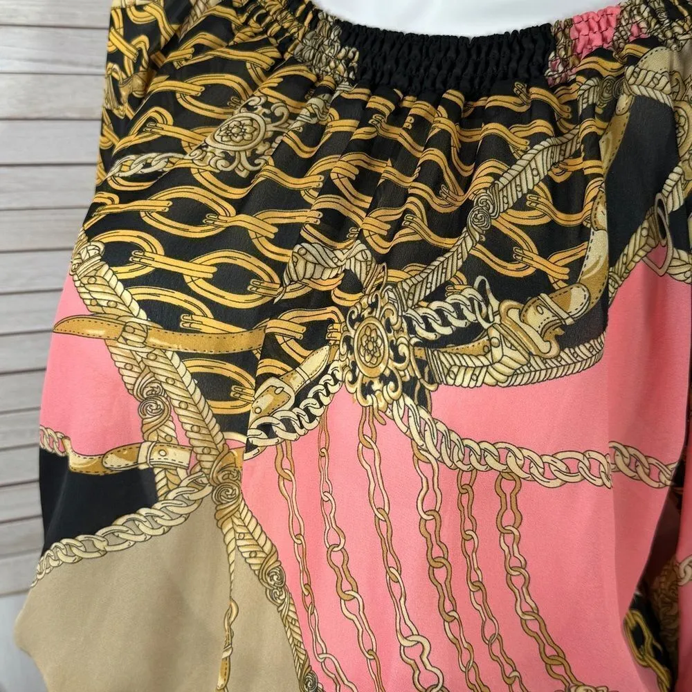 Metaphor‎ Equestrian Print Chiffon Smocked Neck Blouse Black Pink XL - Image 6
