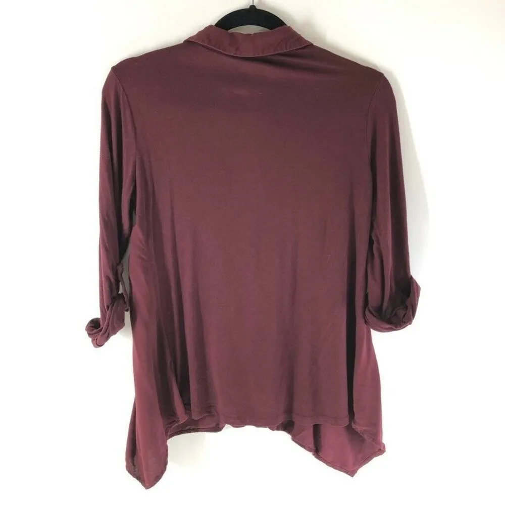 Pleione Womens Top Red Roll Tab Sleeve Shark Bite - Image 2