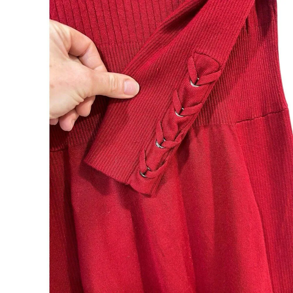 CACHE Wine Red Knit Bodycon Midi Sweater Dress Medium Lacing Vintage 90s Y2K - Image 4