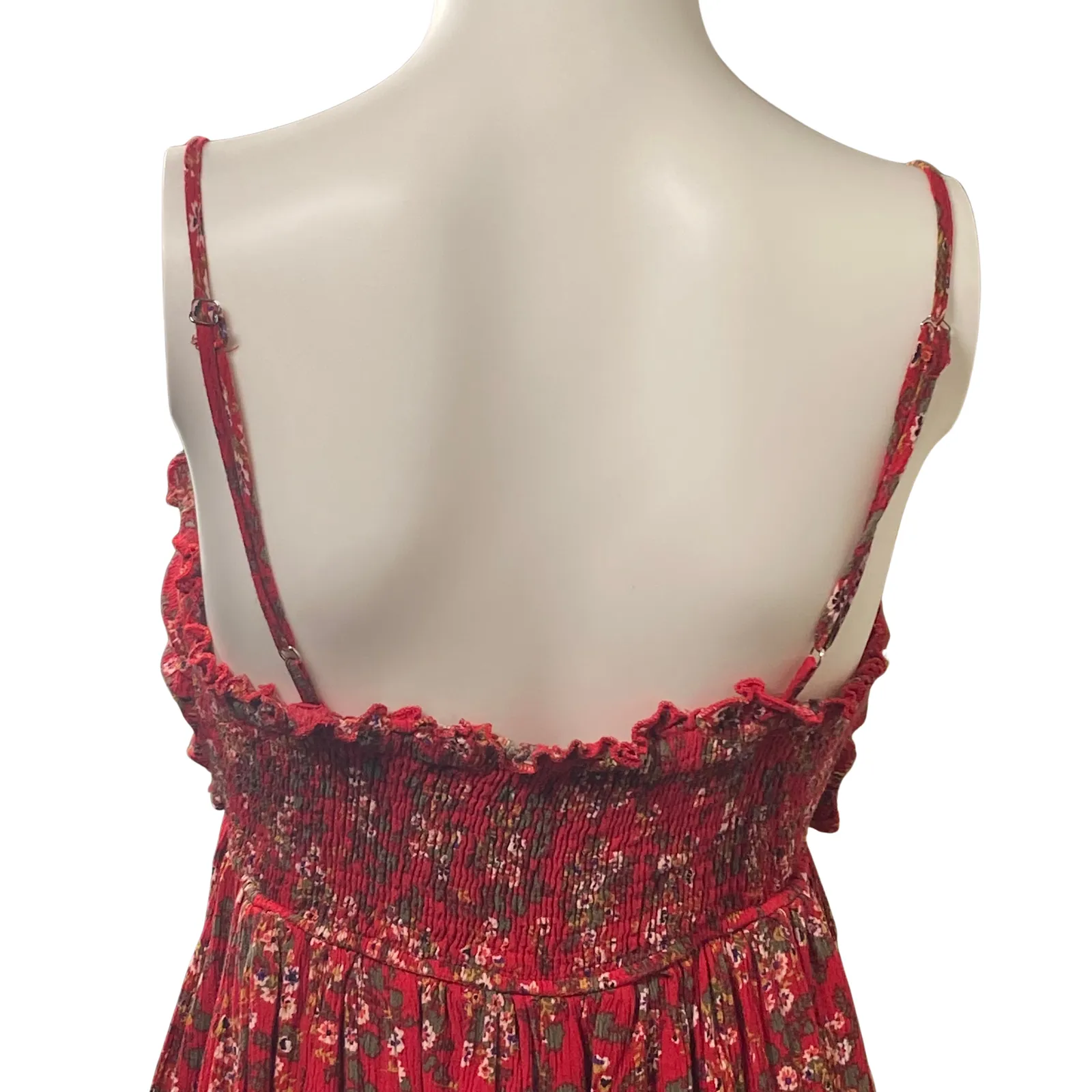 Boho Floral Mini Dress Womens Large Sleeveless Spaghetti Strap Bow Tie Summer Red - Image 3