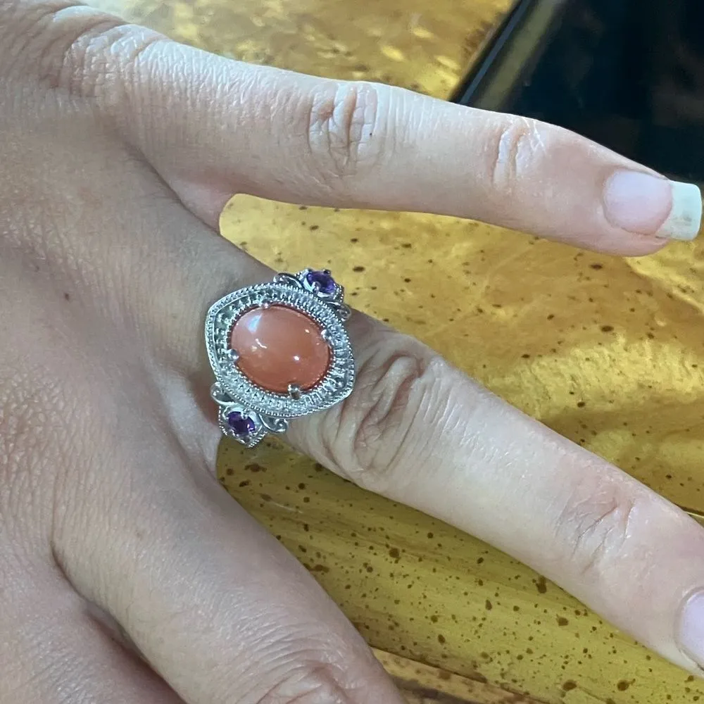 Natural Peach Moonstone African Amethyst Sterling Silver Ring Size 7 - Image 4