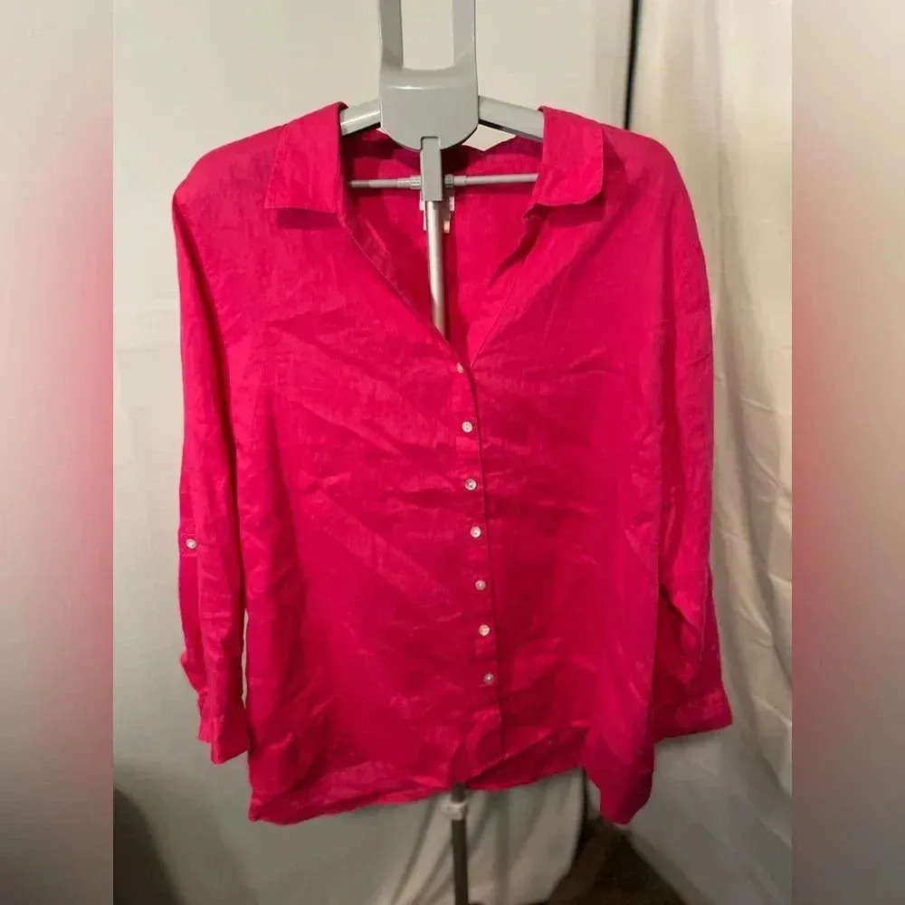 Sigrid Olsen bright pink 100%‎ Linen Button Down Shirt Size 2X - Image 2