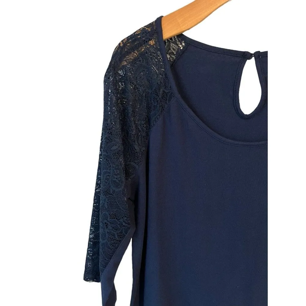 Ambiance Blouse Womens 1XL Navy Blue 3/4 Lace Sleeve Top Round Scoop Neck NEW Size XL - Image 2