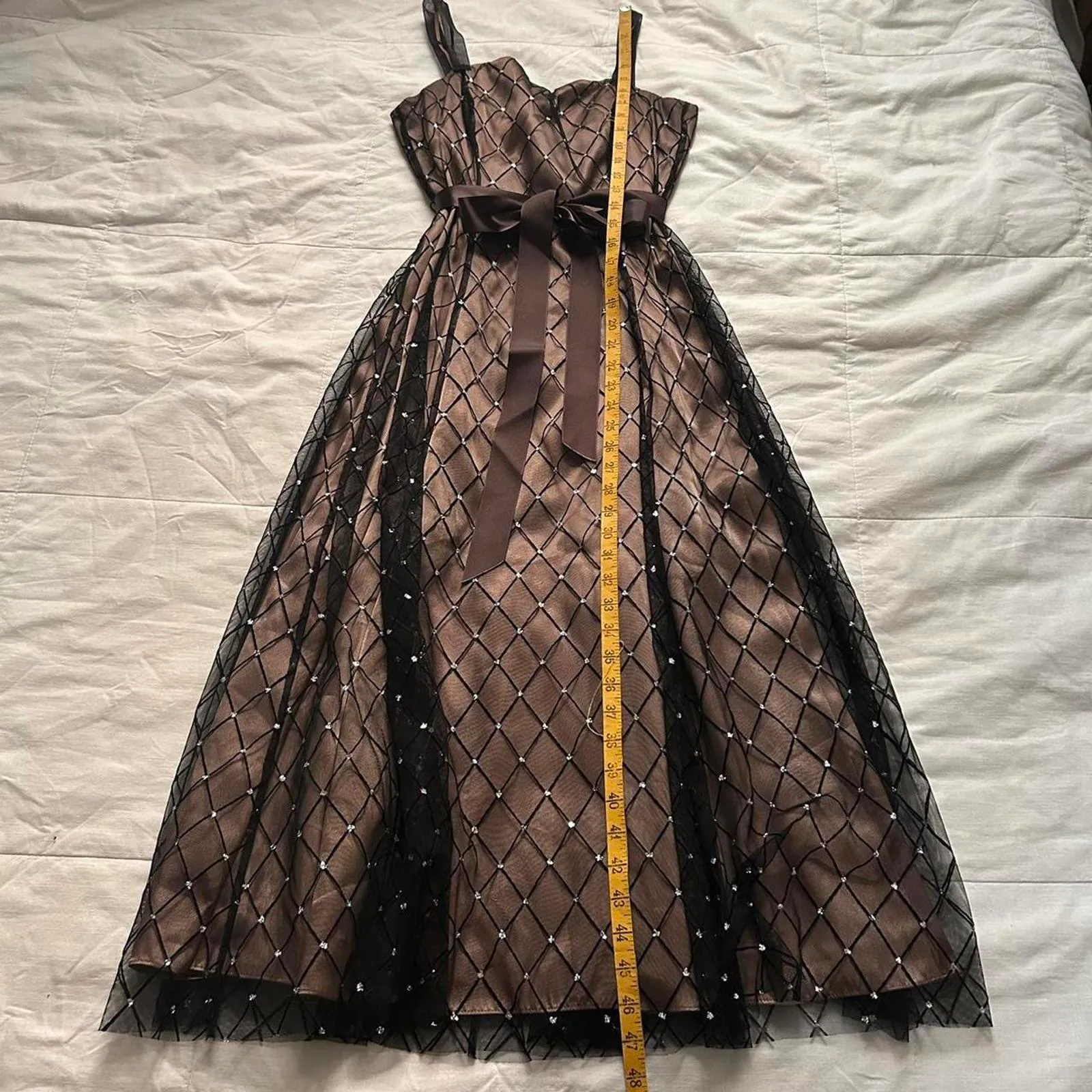 Adrianna Papell Brown black mesh diamond overlay dress bow and straps Size 6 - Image 7