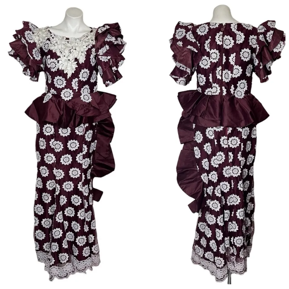 HANDMADE Lace African Style Formal Top Skirt Burgundy White Hand Crafted Size M - Image 13