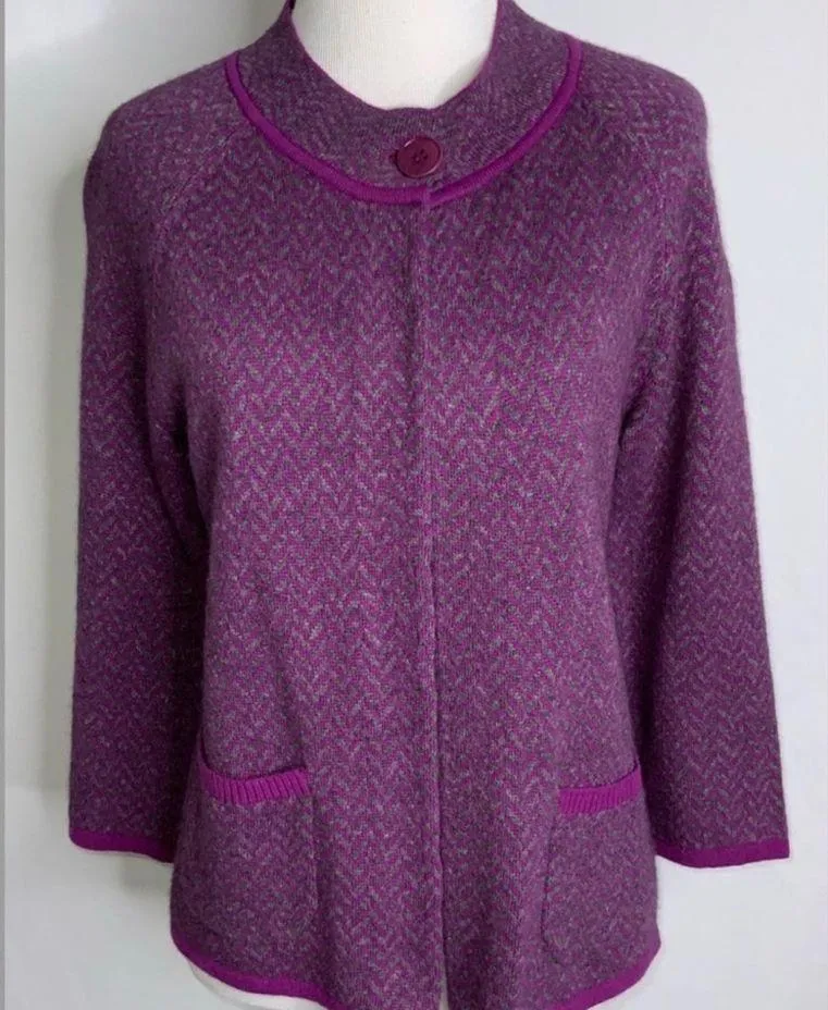 Talbots Purple Chevron Open Front Angora Lambs Wool Cashmere Cardigan Sweater S - Image 12