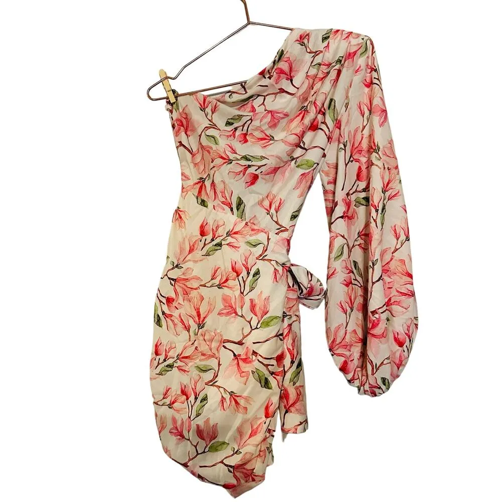 BRONX AND BANCO Layla Floral Pink White One Shoulder Silk Bow Mini Dress Size S - Image 7