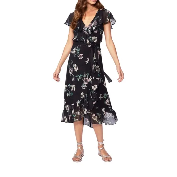 PAIGE Palisades Cape Sleeve Silk Floral Dress Black Size Small - Image 21