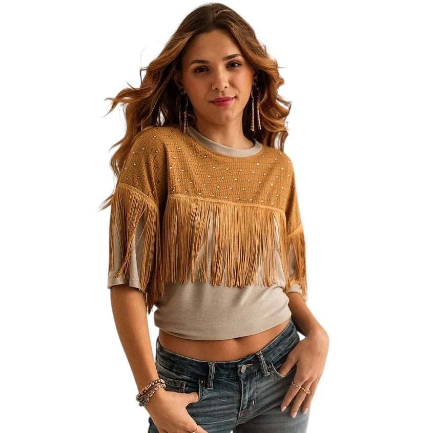 Buckle Sterling & Stitch Fringe Western Top Boho Festival Cowgirl Womens Size L Tan Size L - Image 2