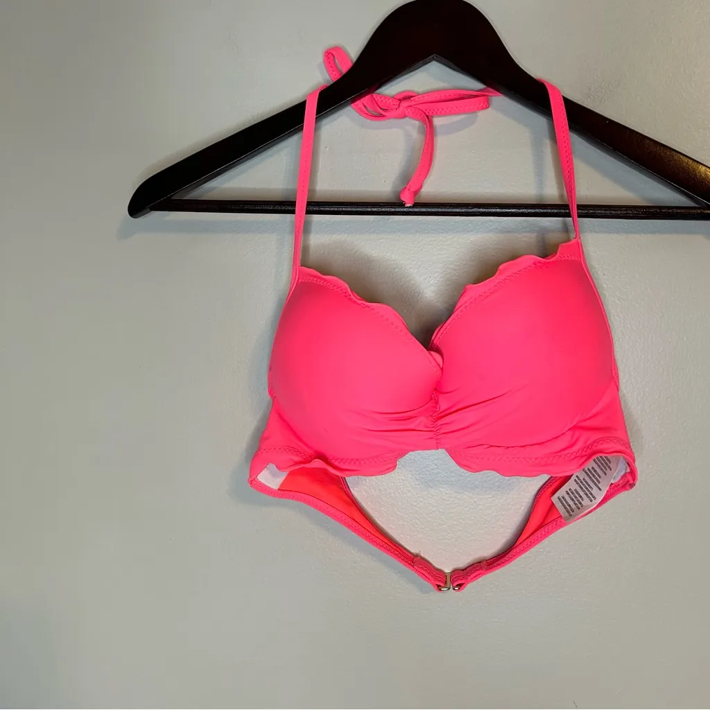 Hobie Neon Hot Pink Bikini Top Solids Push Up Ruffled Underwire Halter Medium - Image 3