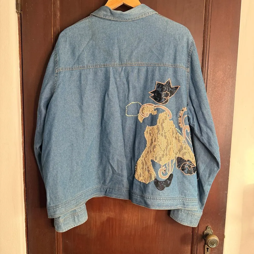 90s Vintage FLORISSANT | Denim Jacket with Lace Applique and sequins | 2XL Blue Size 2X - Image 2