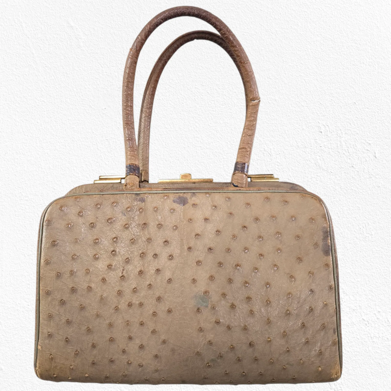 Vintage 50s Genuine Ostrich Leather Beige Top Handle Frame Bag with Coin Purse Tan - Image 3