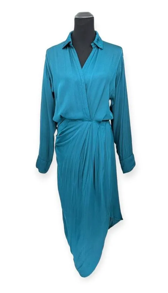 YFB | Medium | Deep Teal Asymmetric Hem Ruched Satin Faux Wrap AIMEE Shirt Dress - Image 3