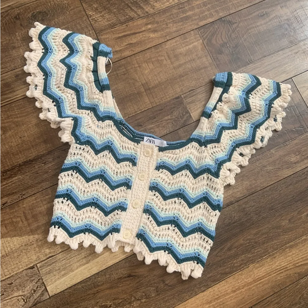 Zara Crochet Top S $78 boho blue cream printed fall boho casual  cowgirl crop - Image 2