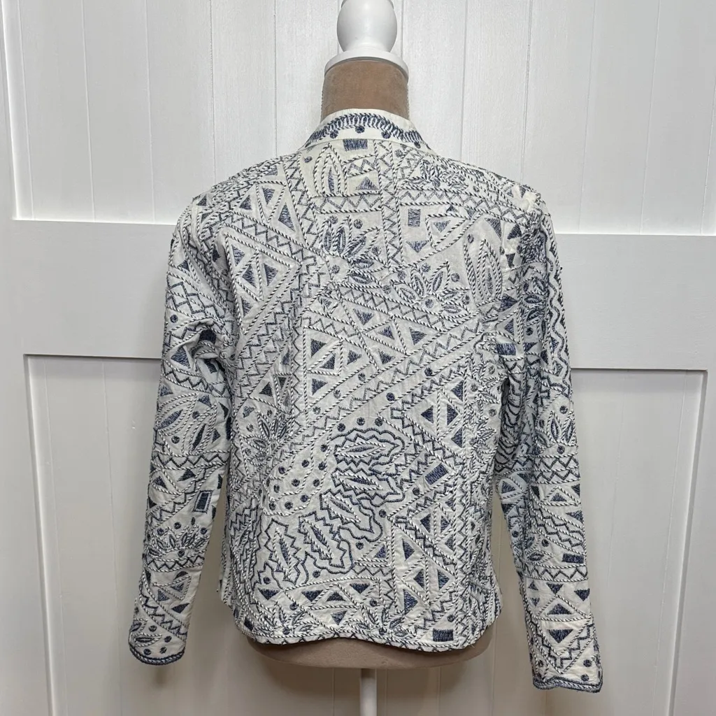 Coldwater Creek Women's Blue and White Cotton Embroidered Open Jacket Size PS - Image 6