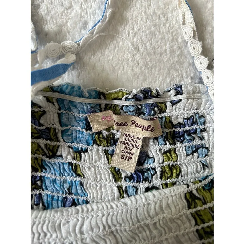 Free People Vintage Smocked Blue Floral Knee Length Dress Small Medium Cottage - Image 7