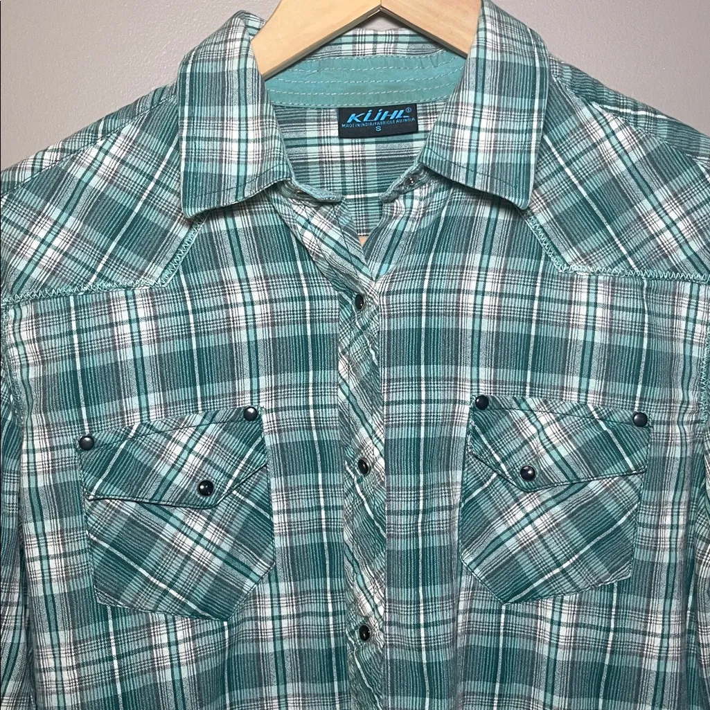 Kuhl Women's Pearl Snap Plaid Hiking Shirt Outdoors Teal White Size Small - Image 2