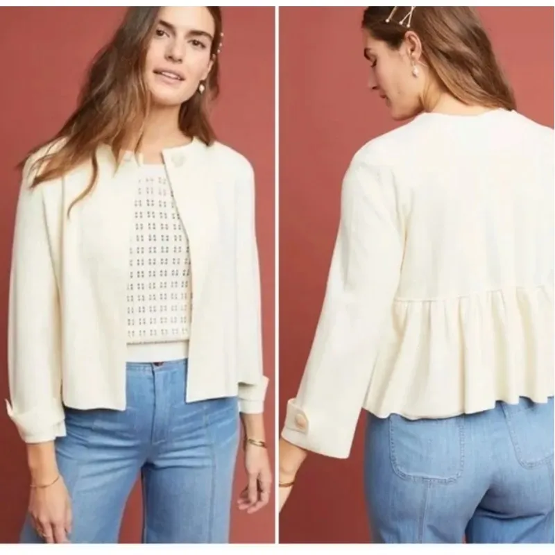 Anthropologie Jessalyn Cream Knit Blazer Sz M One Button 3/4 Sleeve Cardigan - Image 2