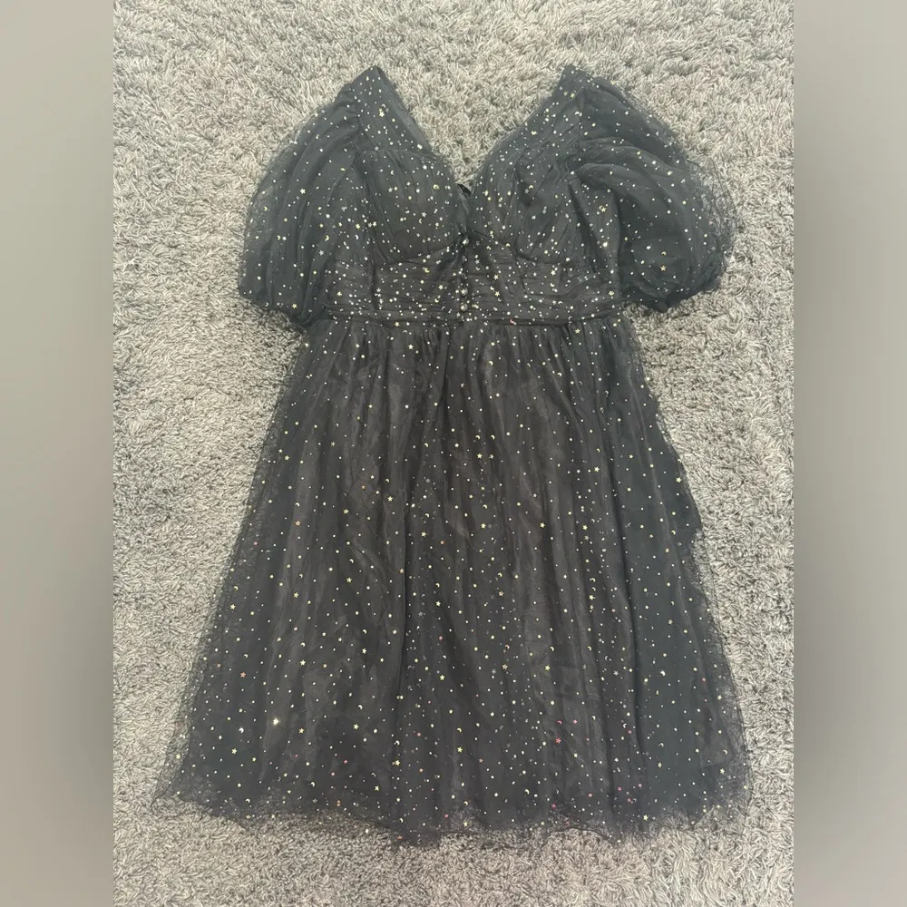 Starry Night Flutter Puffy Sleeve V Neck Midi Dress in Black, Size 20W​​​​​ Black - Image 2