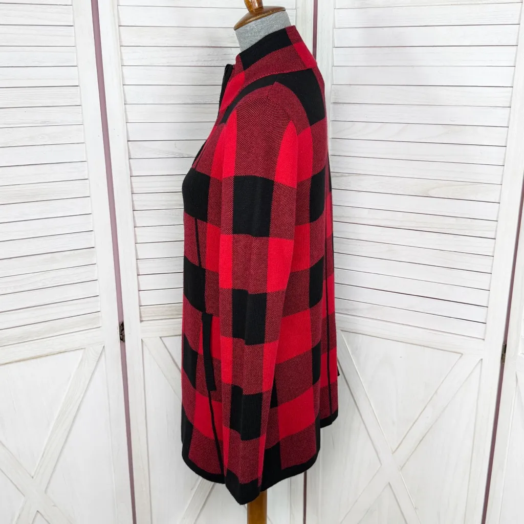 Adrienne Vittadini Buffalo Check Mock Neck Tunic Cardigan Sweater Red Black - Image 3