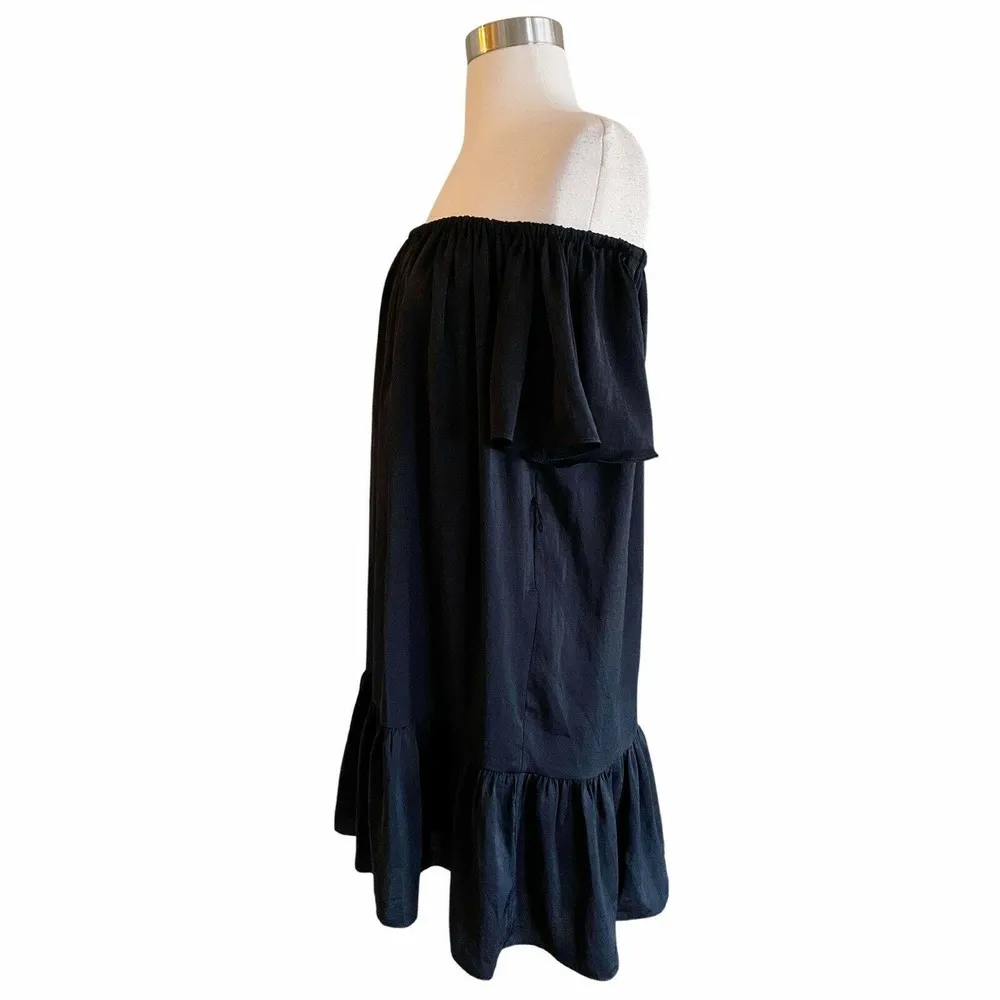 BANANA REPUBLIC Swing Shift Dress Satin Black Drop Shoulder Ruffle Hem XS Petite - Image 11