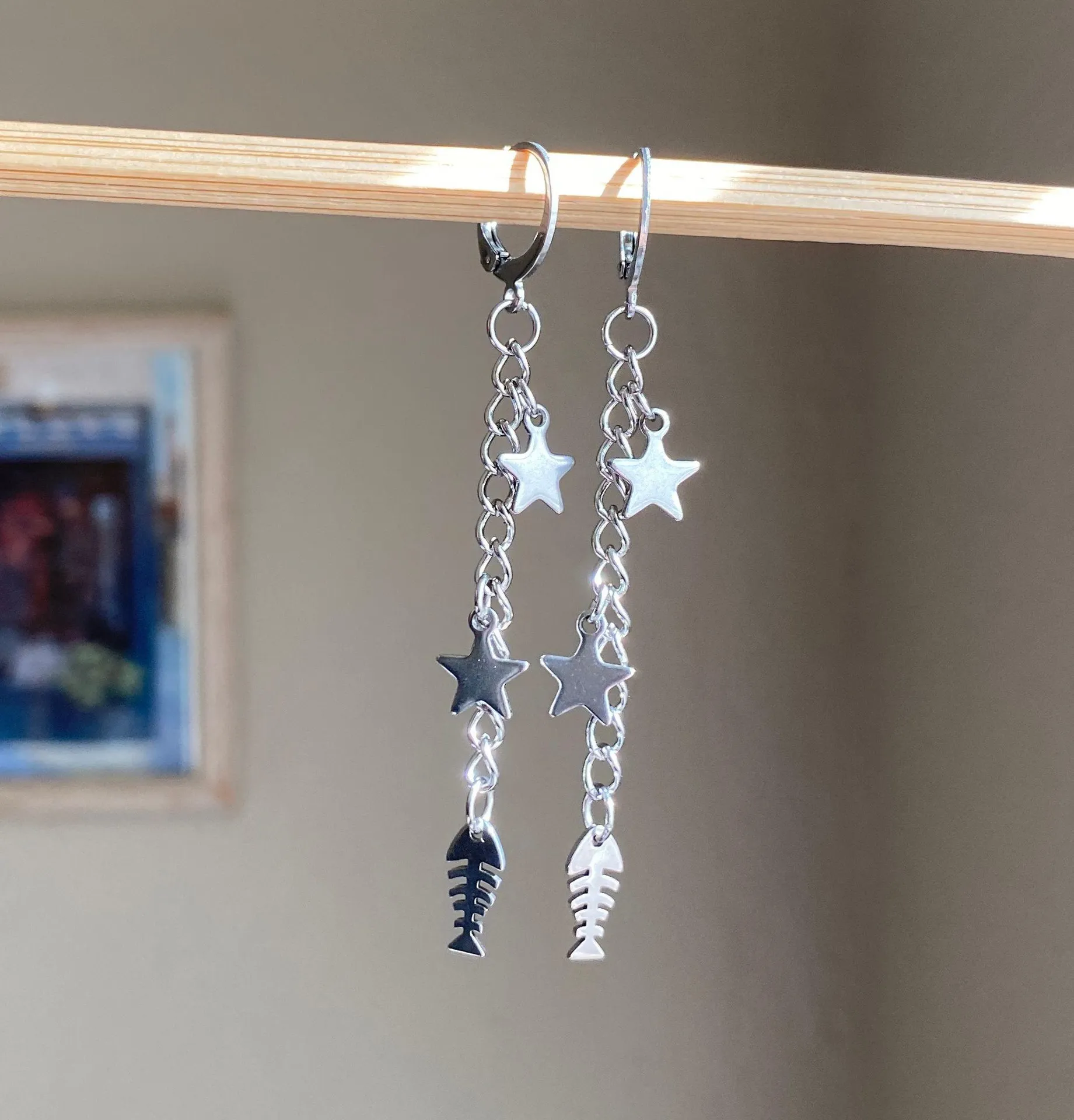 fish bone & star fully stainless steel unique funky dangle earrings🌀🐟💙⭐️ - Image 3